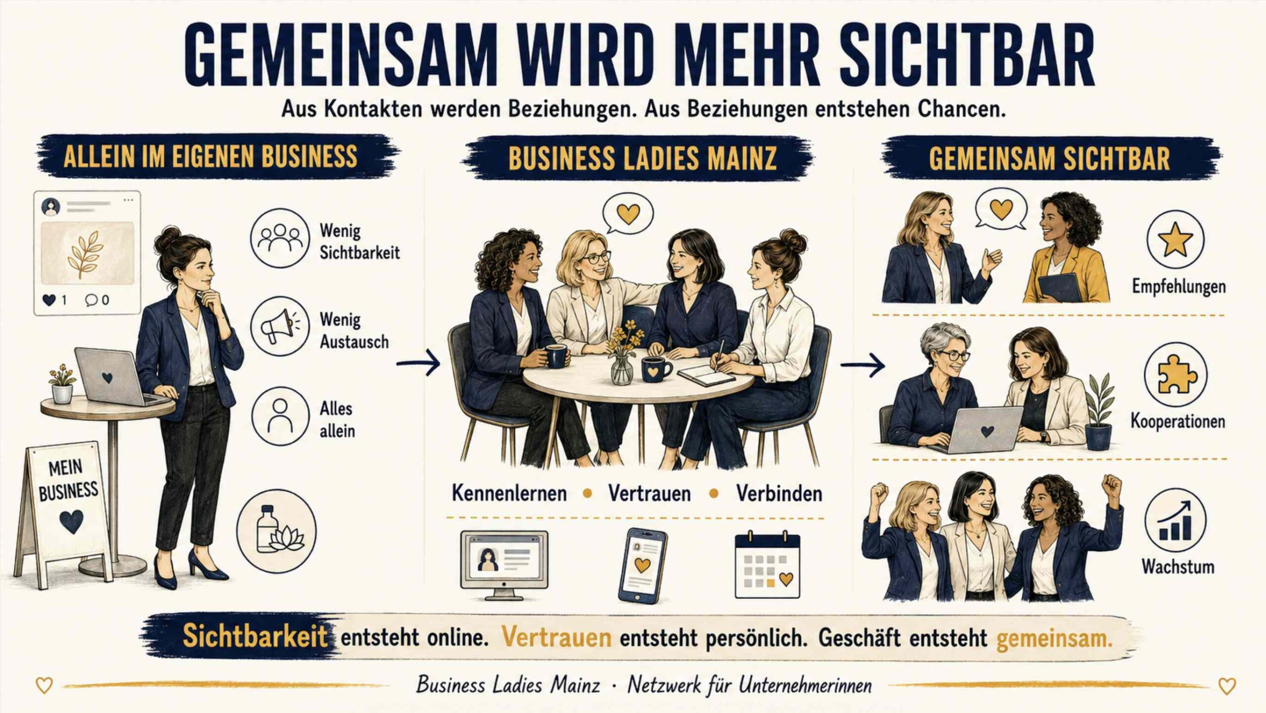 Die Business Ladies Mainz verbinden Unternehmerinnen, Selbstständige und Gründerinnen aus Mainz, Wiesbaden und Rheinhessen. Bei persönlichen Netzwerktreffen entstehen Kontakte, Vertrauen, Empfehlungen und gemeinsame Projekte. Zusätzlich unterstützt dich das Netzwerk mit Weiterbildung, Marketing und mehr Sichtbarkeit für dein Unternehmen.