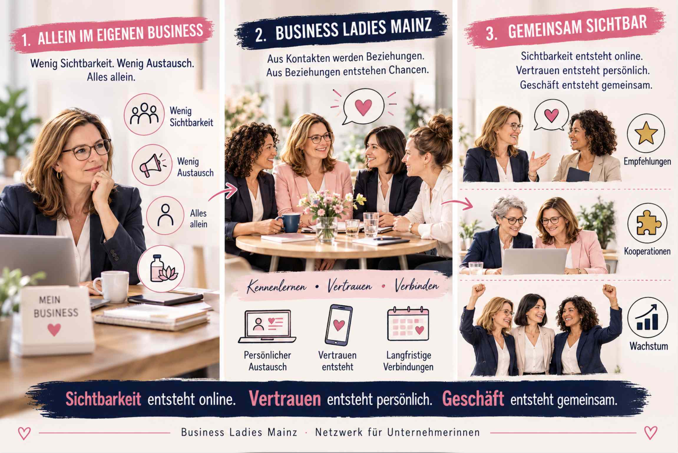 Die Business Ladies Mainz verbinden Unternehmerinnen, Selbstständige und Gründerinnen aus Mainz, Wiesbaden und Rheinhessen. Bei persönlichen Netzwerktreffen entstehen Kontakte, Vertrauen, Empfehlungen und gemeinsame Projekte. Zusätzlich unterstützt dich das Netzwerk mit Weiterbildung, Marketing und mehr Sichtbarkeit für dein Unternehmen.